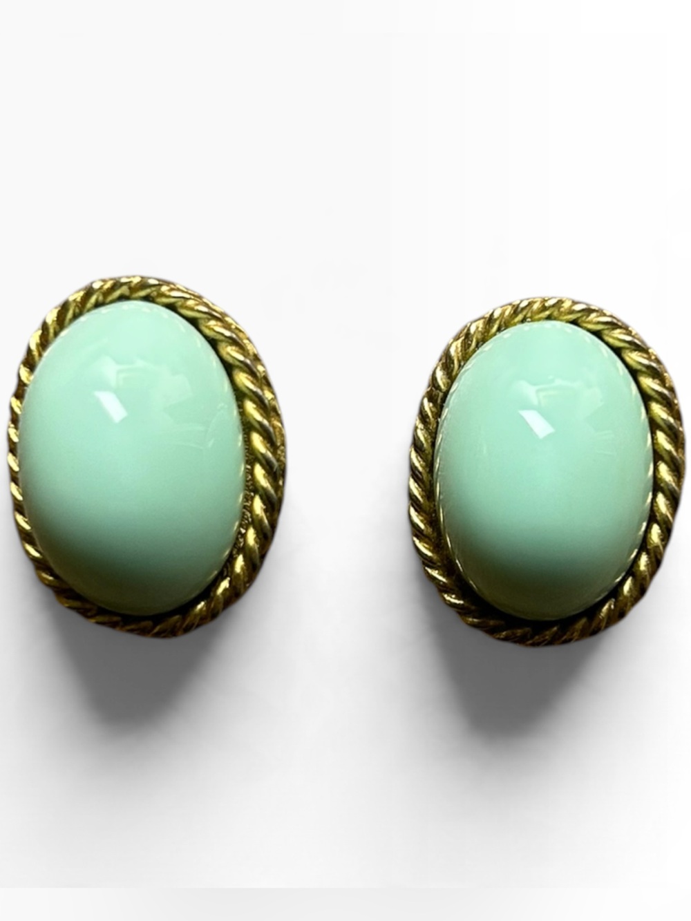 Les Bernard Mint Green Oval Cabochon Gold-Tone Clip-On Earrings